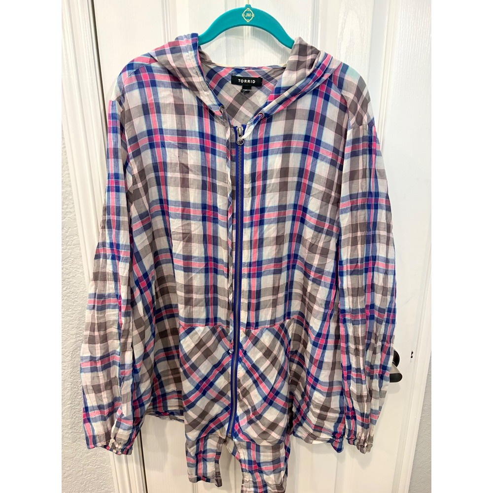Torrid Hoodie Blue Pink Plaid Cotton Zip Up Lightweight Casual Plus Size 3 3X